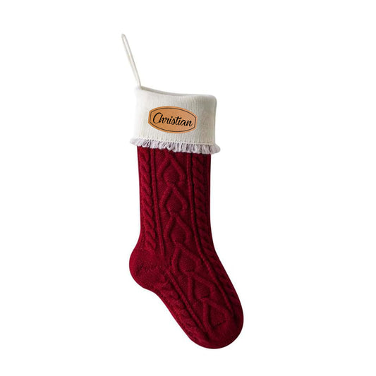 Personalized 18" Cable Knit Christmas Stocking - Custom Leatherette Patch