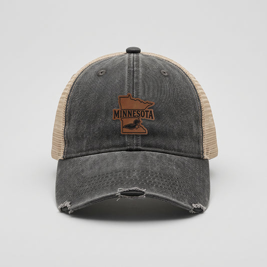 Minnesota Loon Leather Patch Adams Distressed Ollie Trucker Hat
