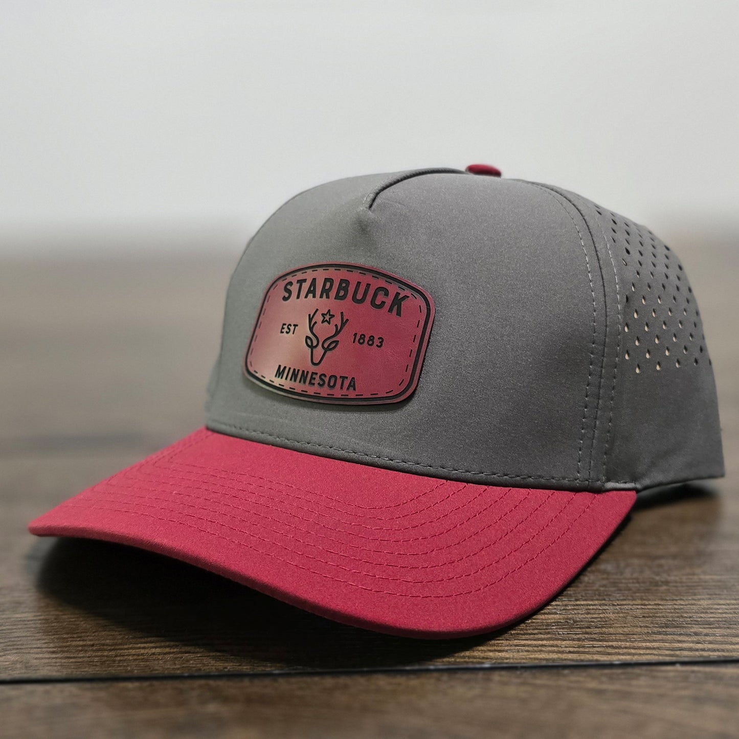Starbuck Icon 5-Panel Hat | Charcoal & Maroon Performance Headwear