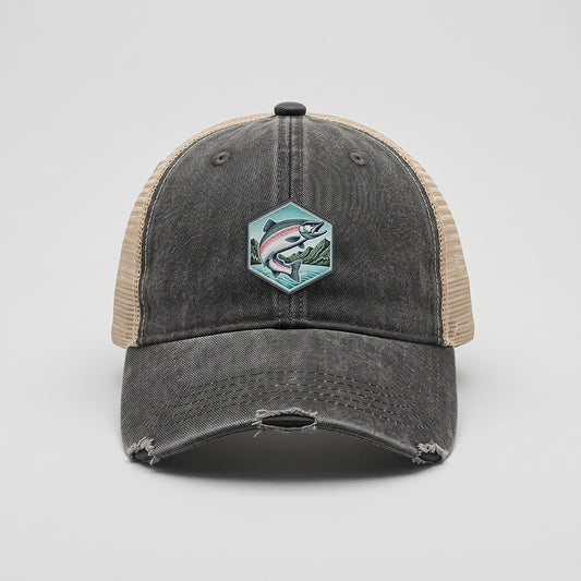 Jumping Salmon Adams Distressed Ollie Trucker Hat