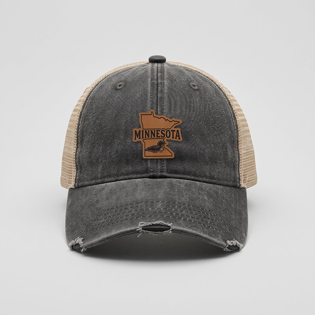 Minnesota Loon Leather Patch Adams Distressed Ollie Trucker Hat