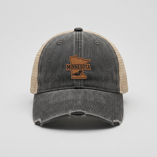 Minnesota Loon Leather Patch Adams Distressed Ollie Trucker Hat