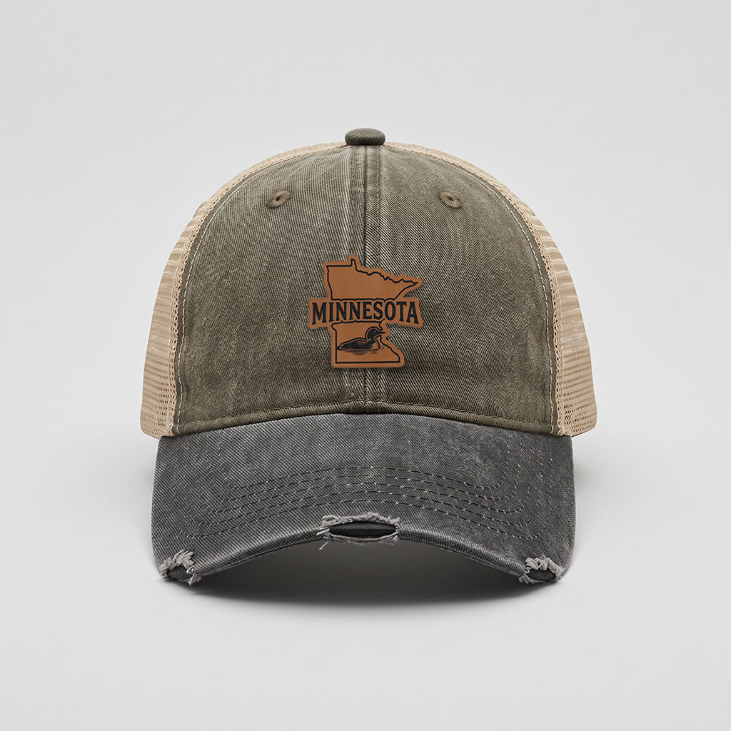 Minnesota Loon Leather Patch Adams Distressed Ollie Trucker Hat