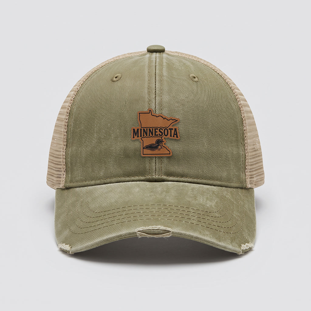 Minnesota Loon Leather Patch Adams Distressed Ollie Trucker Hat