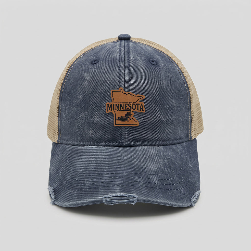 Minnesota Loon Leather Patch Adams Distressed Ollie Trucker Hat