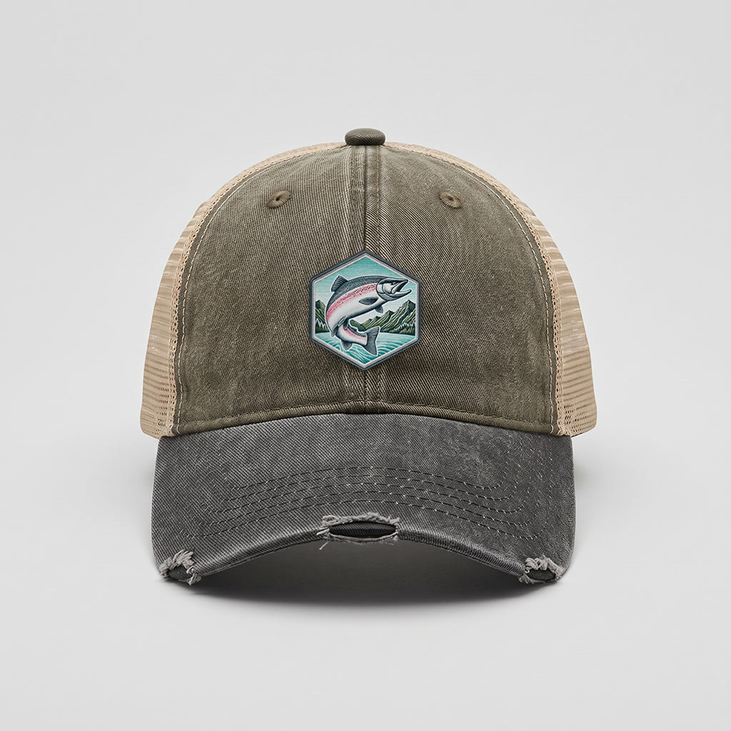 Jumping Salmon Adams Distressed Ollie Trucker Hat