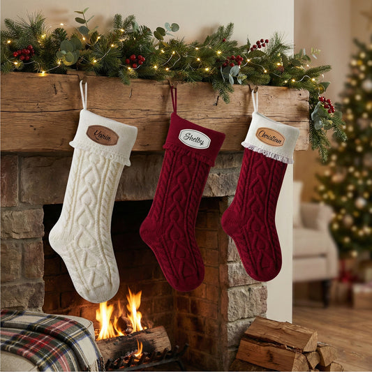 Personalized 18" Cable Knit Christmas Stocking - Custom Leatherette Patch