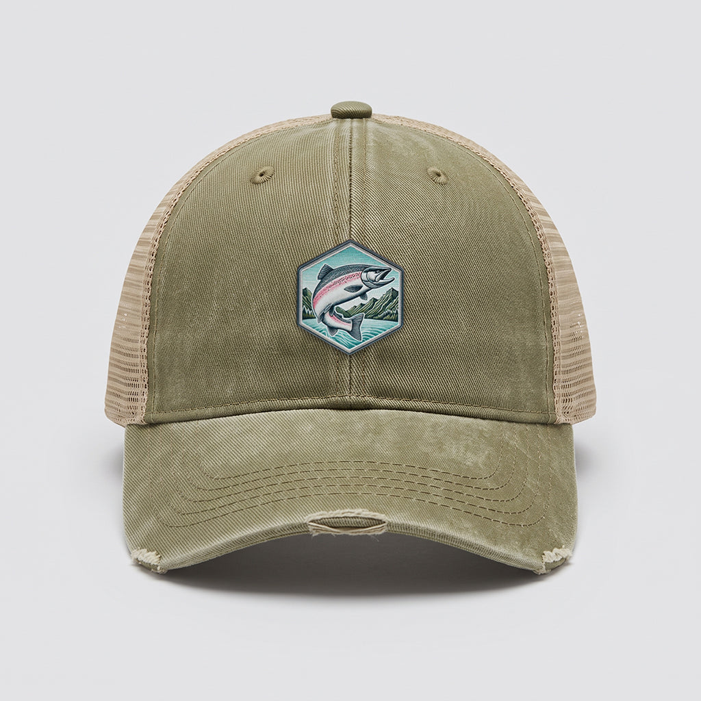 Jumping Salmon Adams Distressed Ollie Trucker Hat