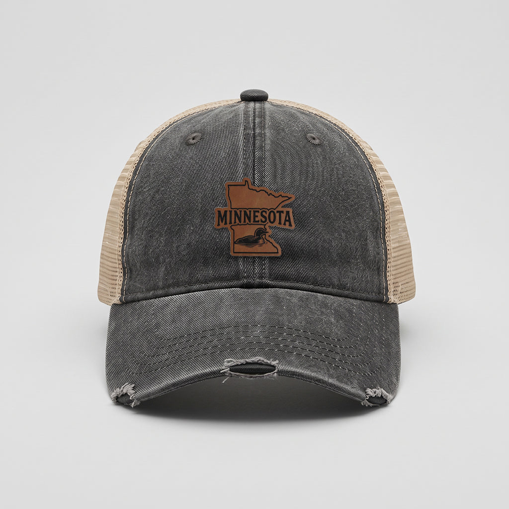 Minnesota Loon Leather Patch Adams Distressed Ollie Trucker Hat