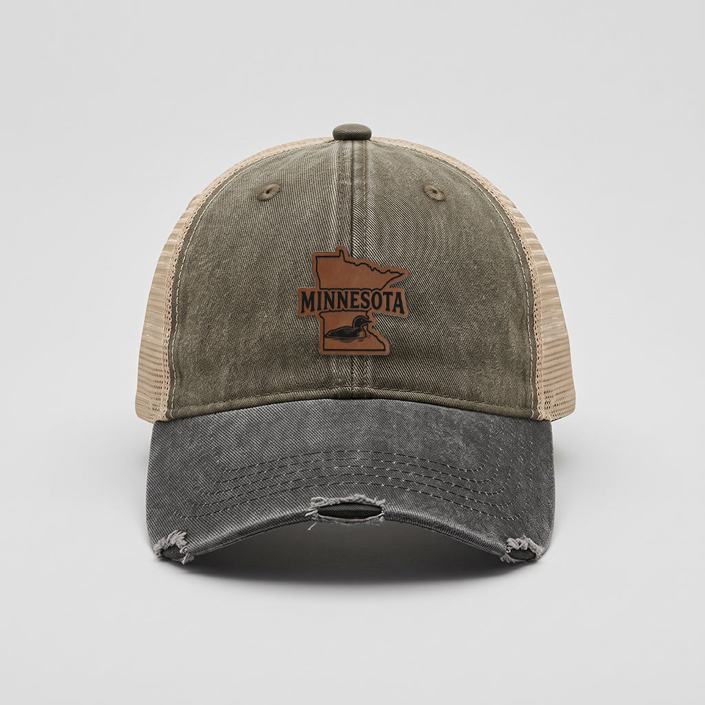 Minnesota Loon Leather Patch Adams Distressed Ollie Trucker Hat