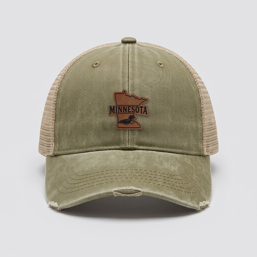 Minnesota Loon Leather Patch Adams Distressed Ollie Trucker Hat