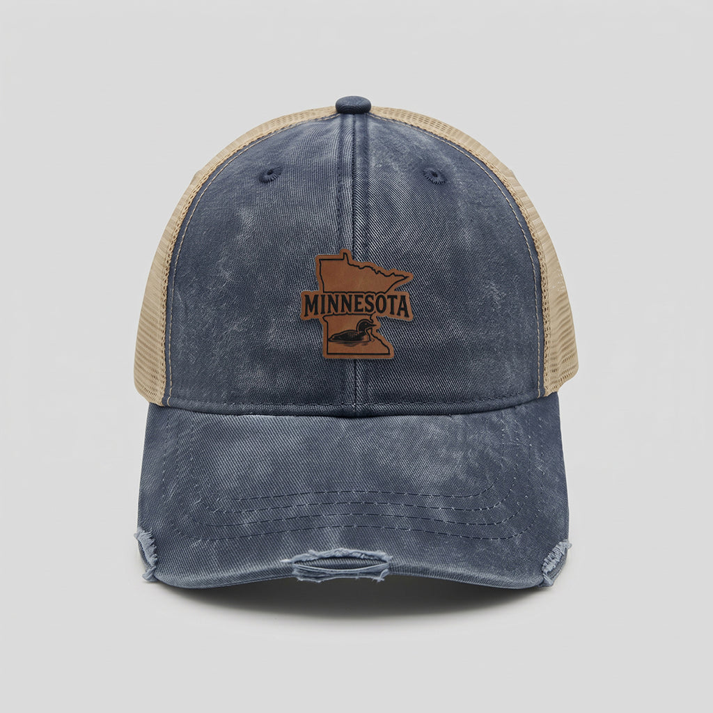 Minnesota Loon Leather Patch Adams Distressed Ollie Trucker Hat
