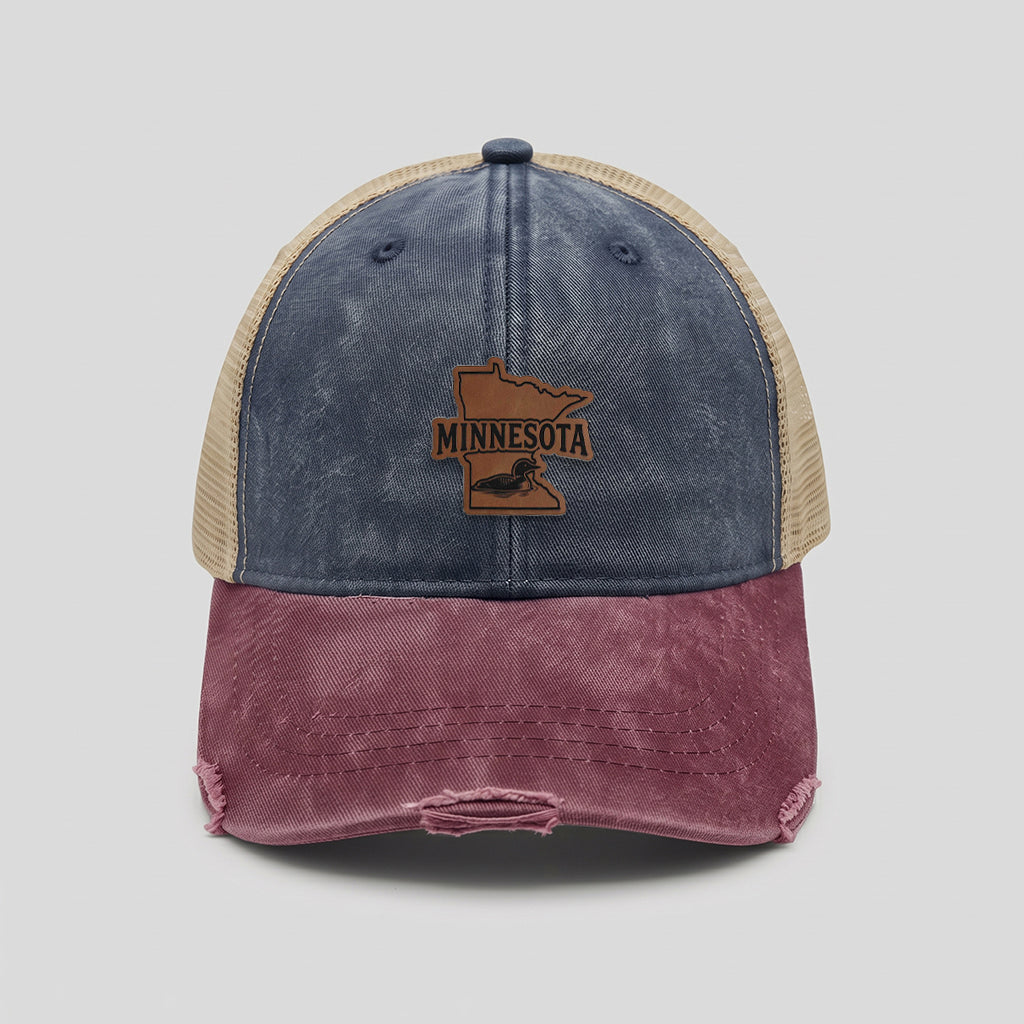 Minnesota Loon Leather Patch Adams Distressed Ollie Trucker Hat
